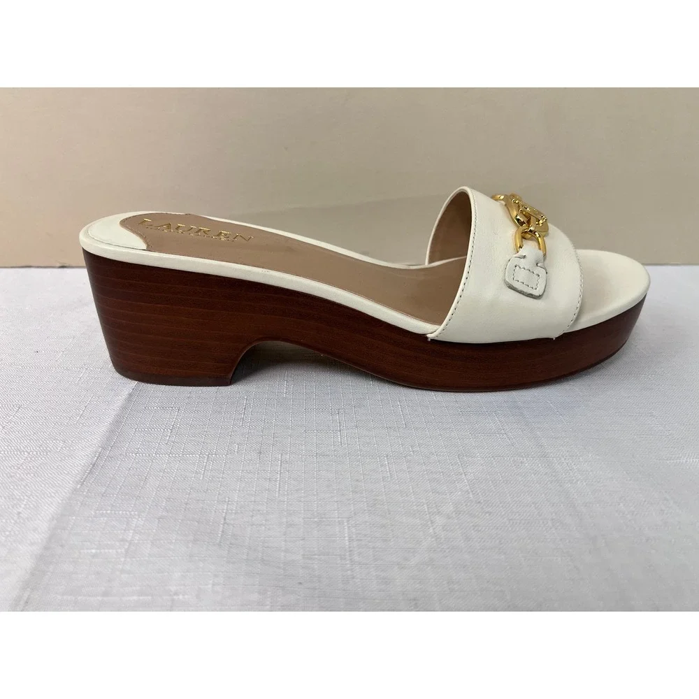 Lauren Ralph Lauren Slide Sandals Womens 8 White Excellent Gold Logo Platform